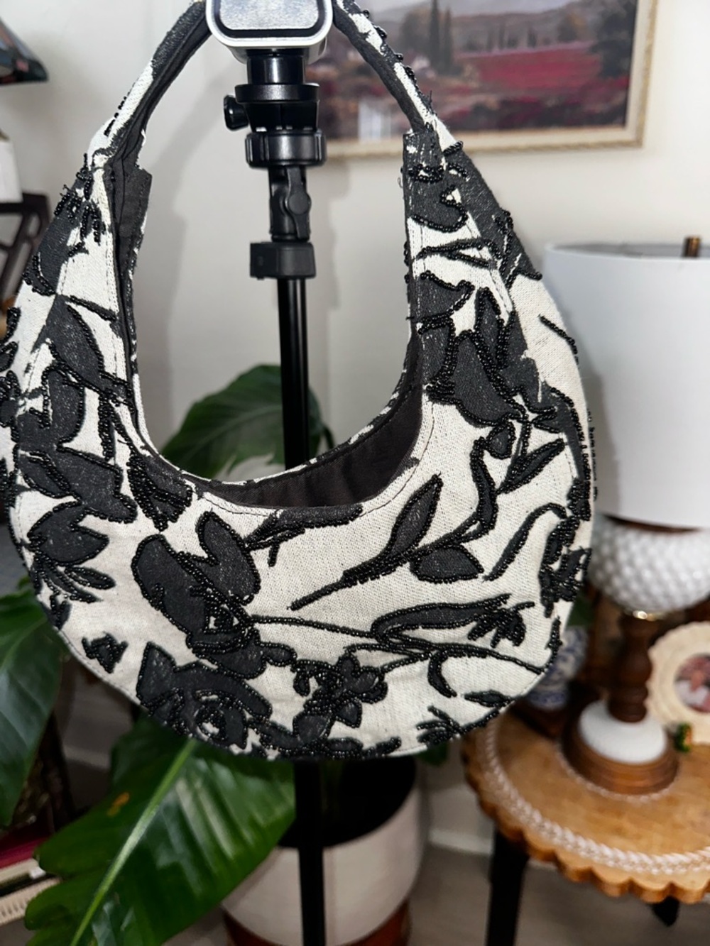 Black & Cream Beaded Floral Crescent Shoulder Bag